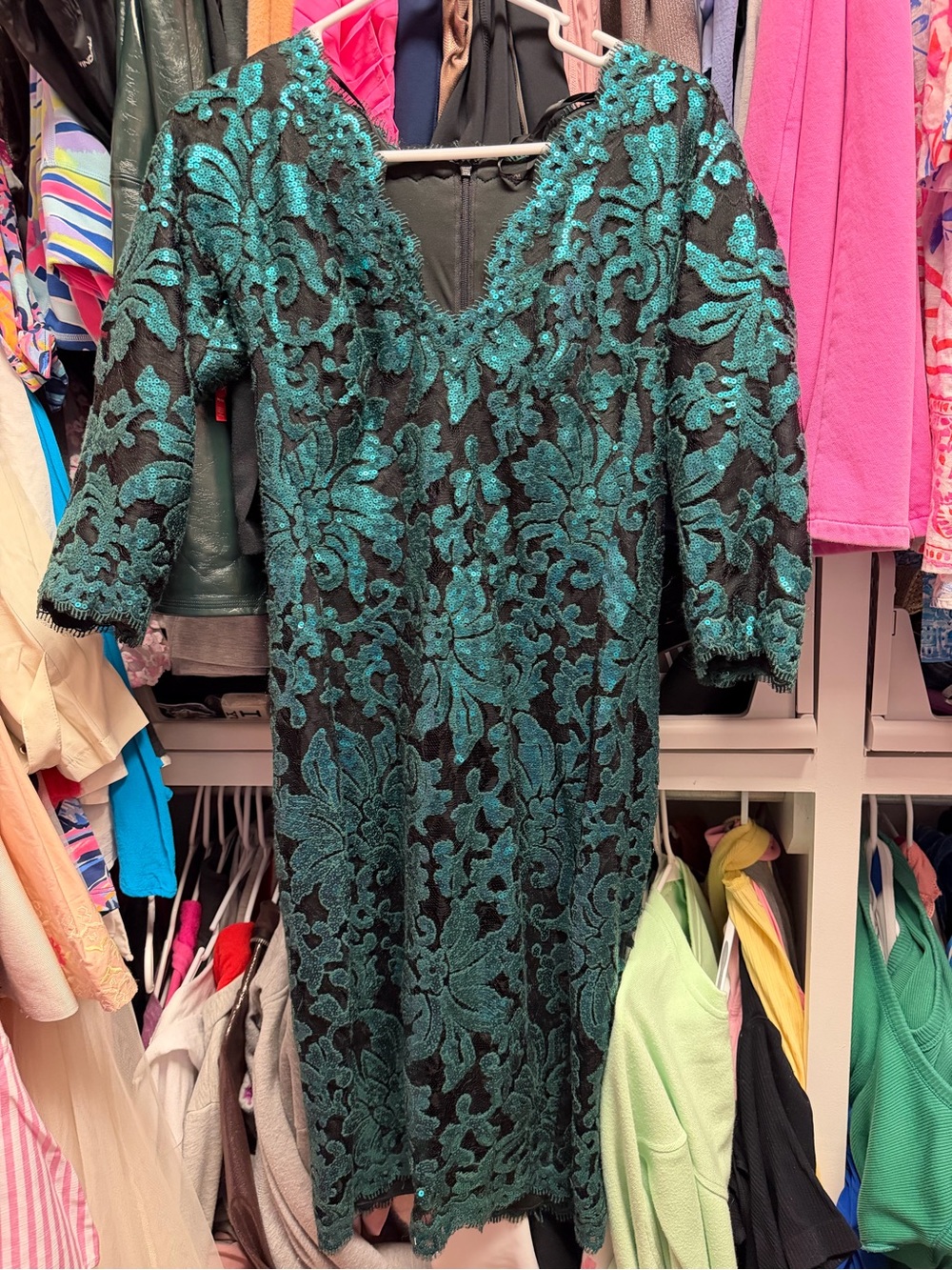 Tadashi Shoji Green Lace Overlay V-Neck Midi Dress